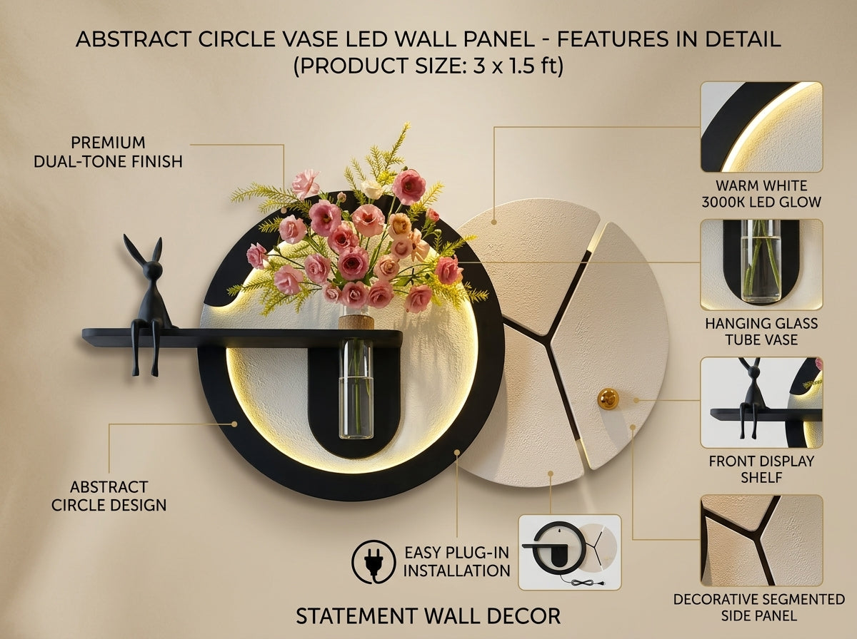 An infographic-style product detail image for an abstract circle vase LED wall panel. The central product shows a black circular frame with warm white LED lighting, a hanging glass vase with pink flowers, and a side shelf holding a black rabbit-shaped object.
