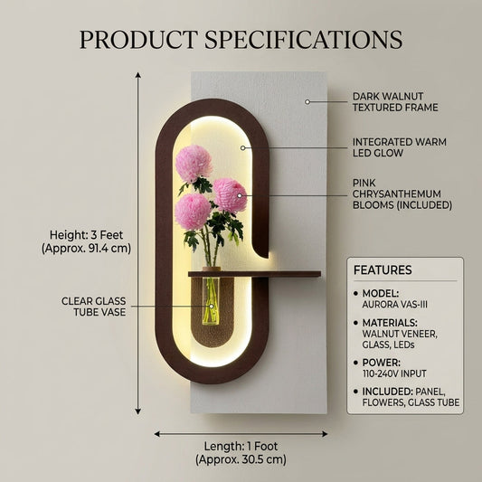 Capsule LED wall art with wooden shelf and glass vase in living room – Radha Wood