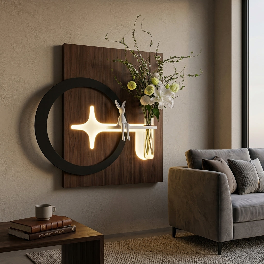 Large LED wall art oval arch lamp side angle showing layered MDF panel depth and walnut U-shelf