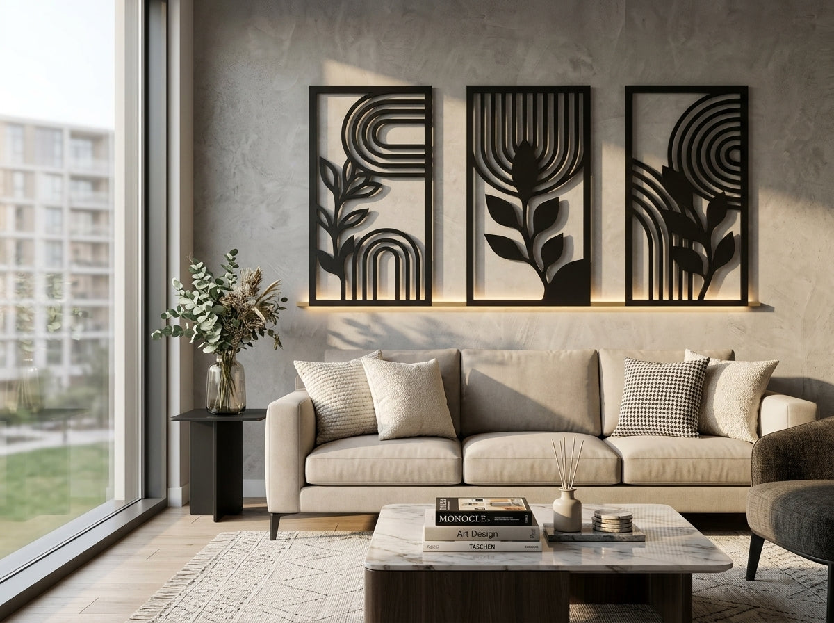 Abstract Botanical Metal Wall Art Set of 3 | Geometric Triptych Panel | Radha Wood