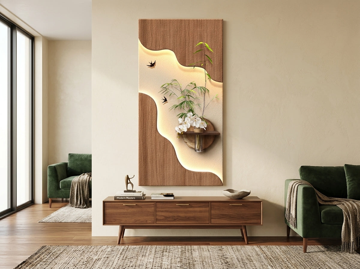 LED wall art bamboo orchid panel LED off vs LED on comparison – warm backlight glow effect