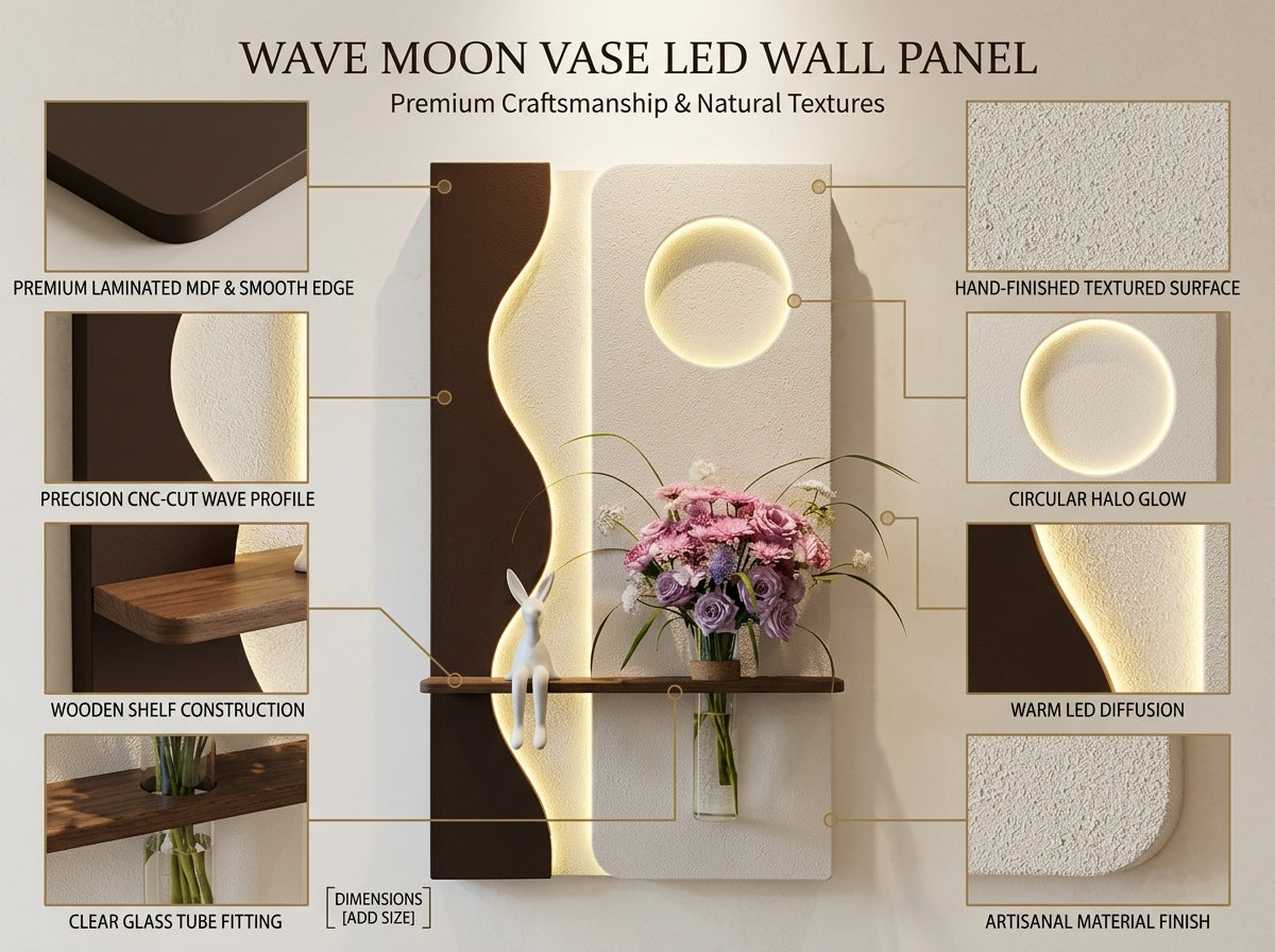 LED wall art Wave Moon Vase Panel craftsmanship and texture details