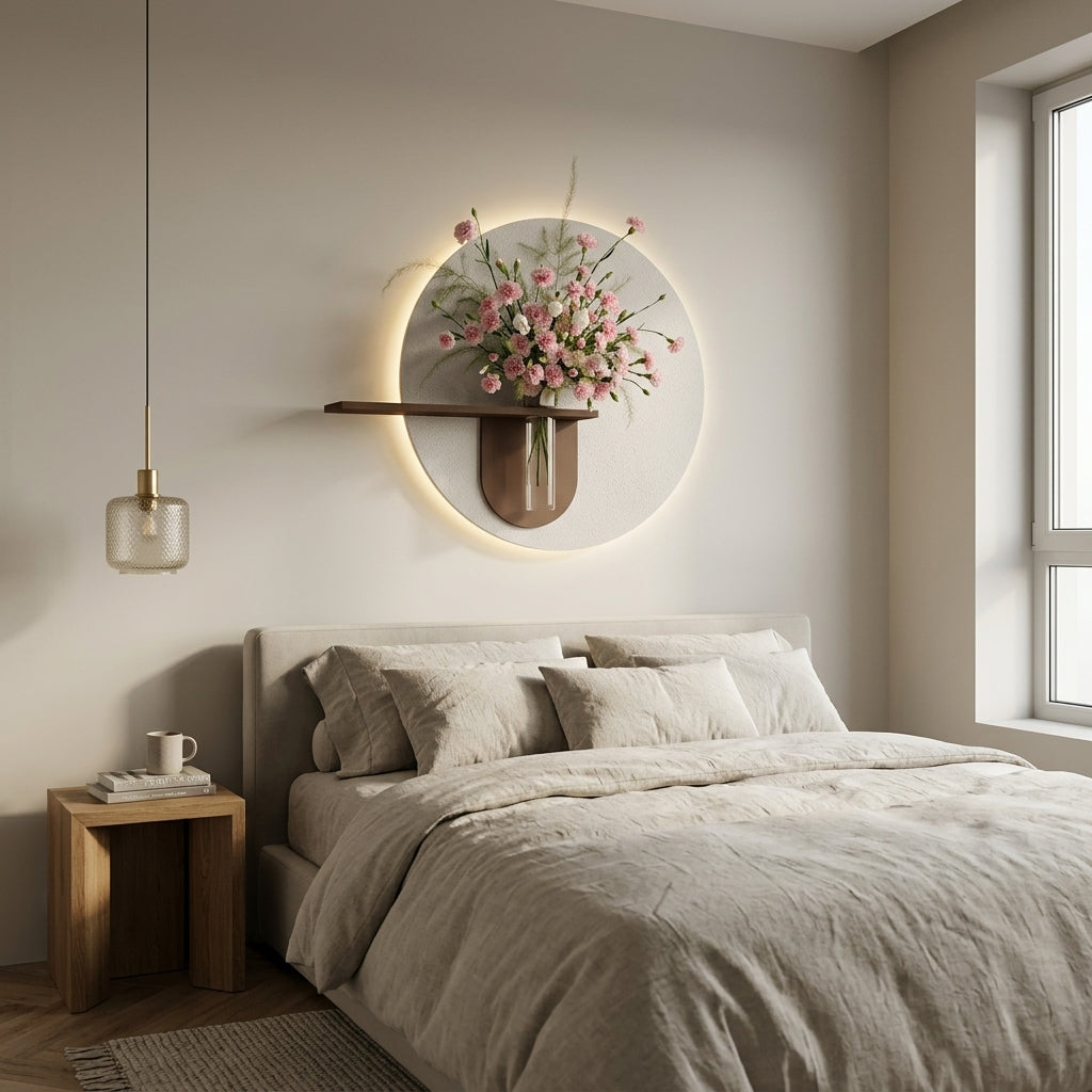 Round LED Wall Art with Shelf & Glass Vase | Radha Wood