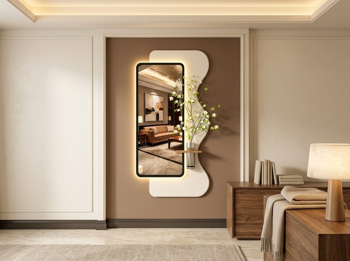 LED wall art with sliding panel installed on bedroom wall