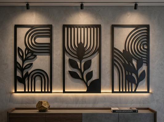 Abstract botanical metal wall art set of 3 panels – matte black geometric triptych by Radha Wood