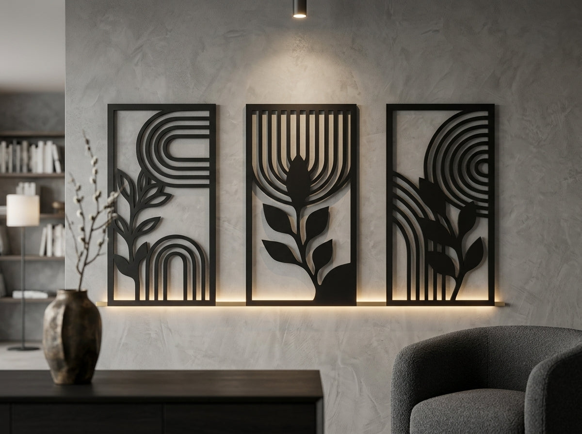 Metal wall art set of 3 panels in bright modern living room – abstract botanical wall decor India