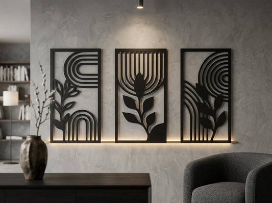 Metal wall art set of 3 panels in bright modern living room – abstract botanical wall decor India