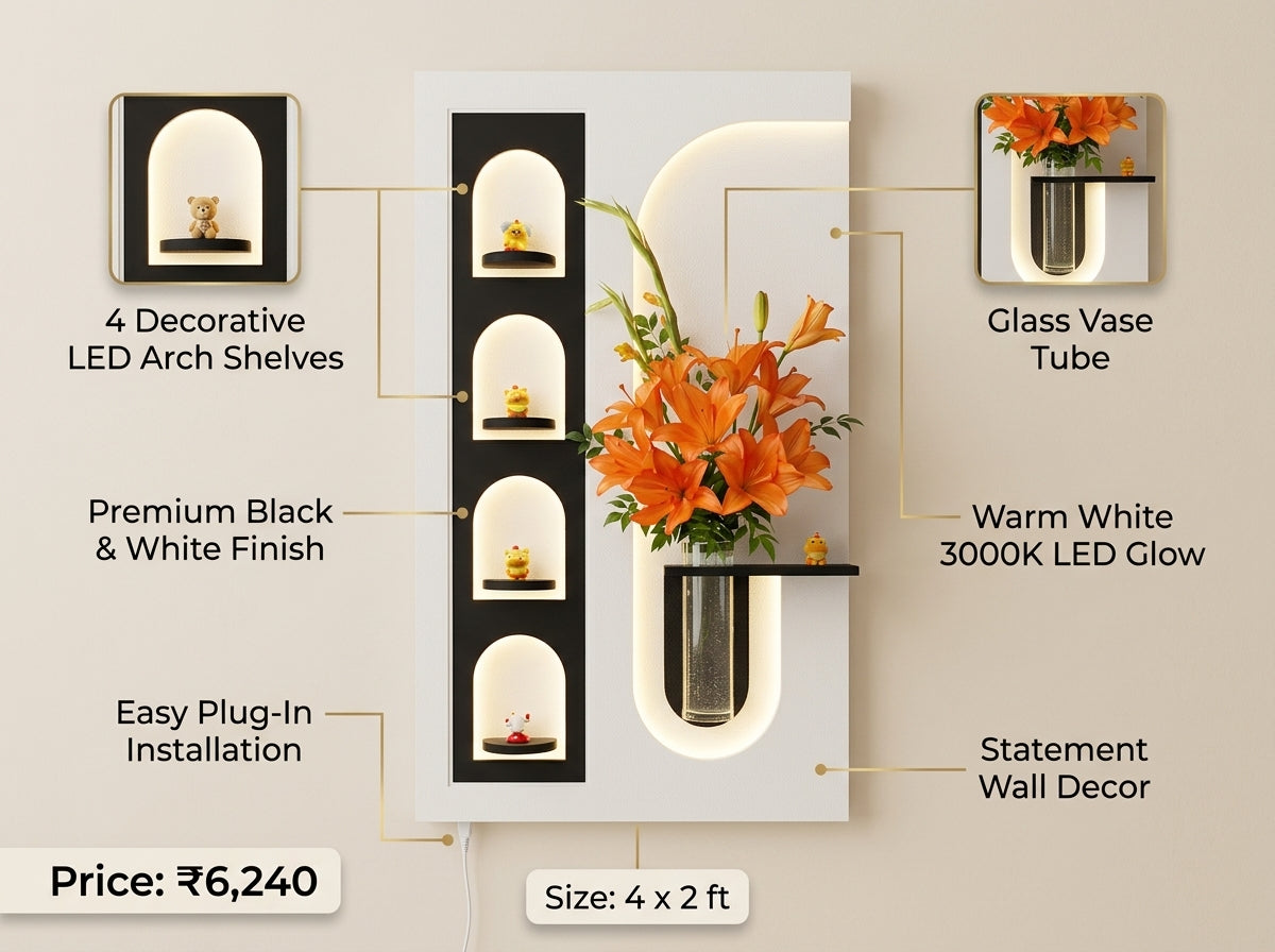 LED Wall Art Arch Shelf Vase Panel with Warm Light