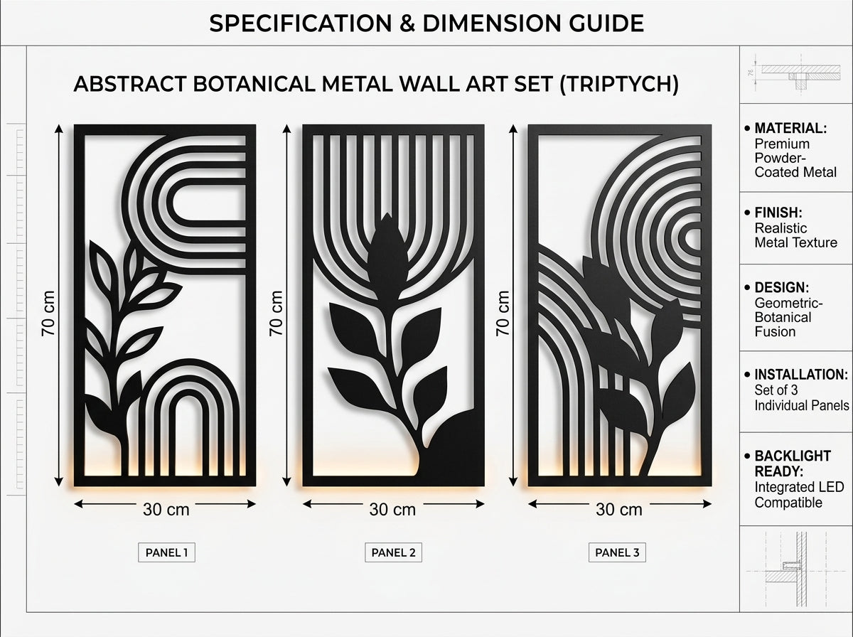 Wall art set of 3 mounted above sofa in warm modern living room – metal botanical triptych India
