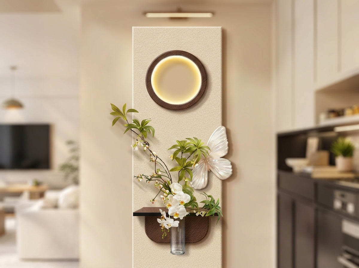 Close-up of LED arch wall lamp showing walnut wood shelf and removable glass tube vase with yellow flowers