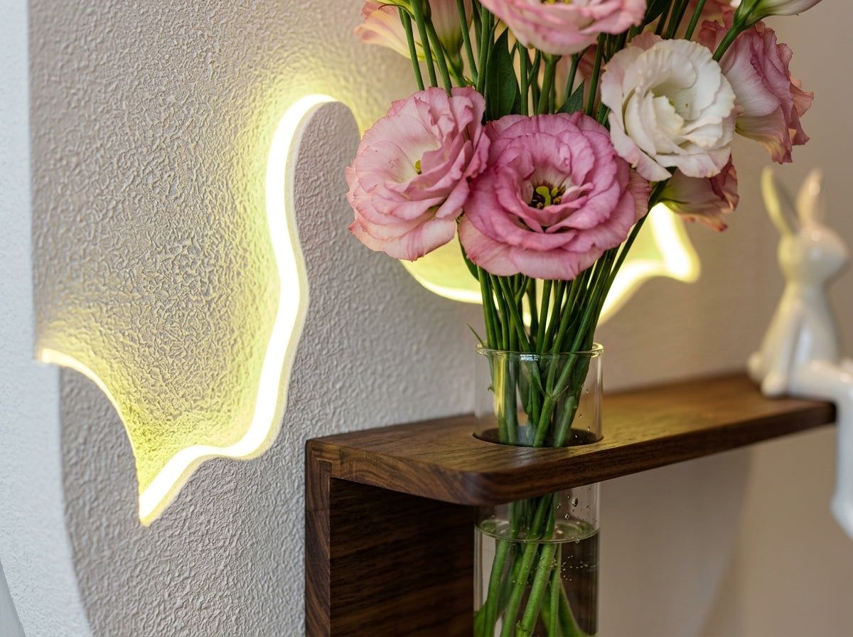 LED wall art Butterfly Vase Panel close up with glass vase