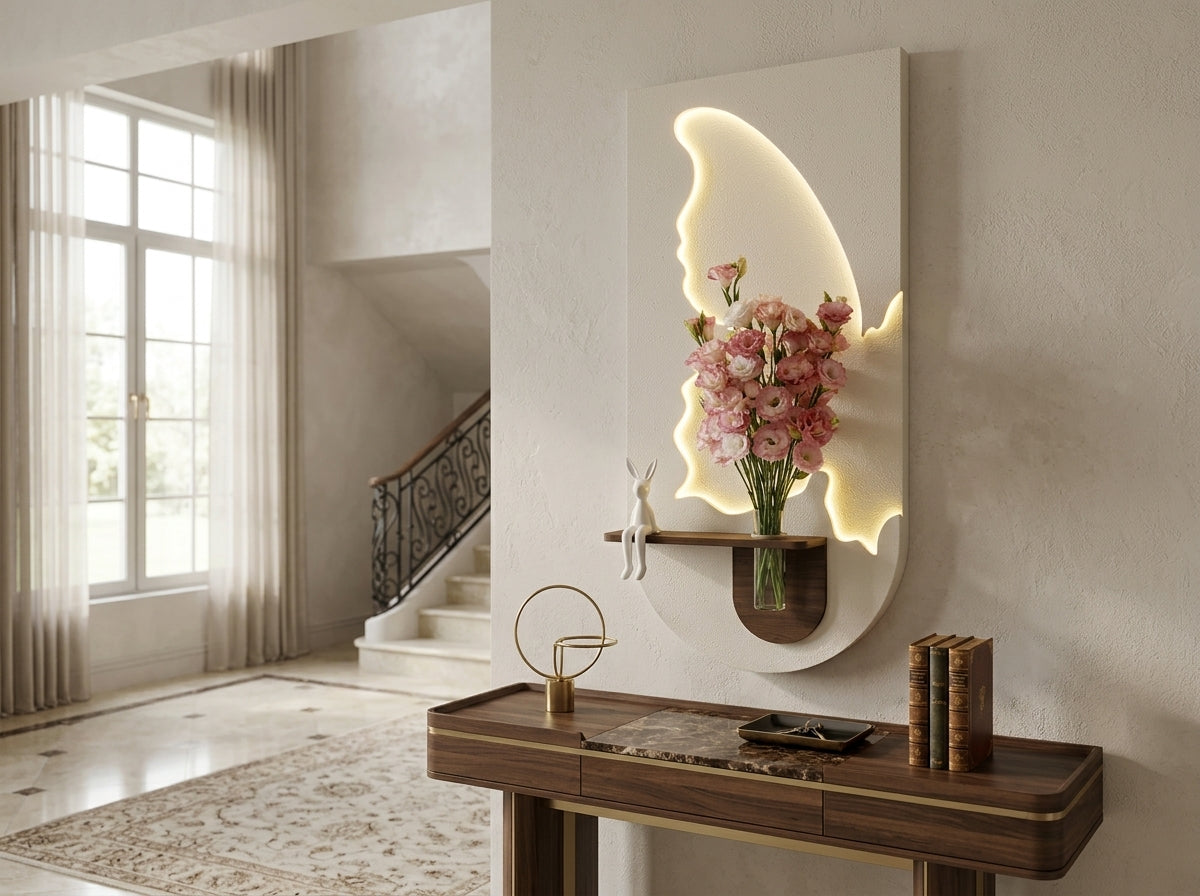 LED wall art Butterfly Vase Panel with warm light and vase shelf