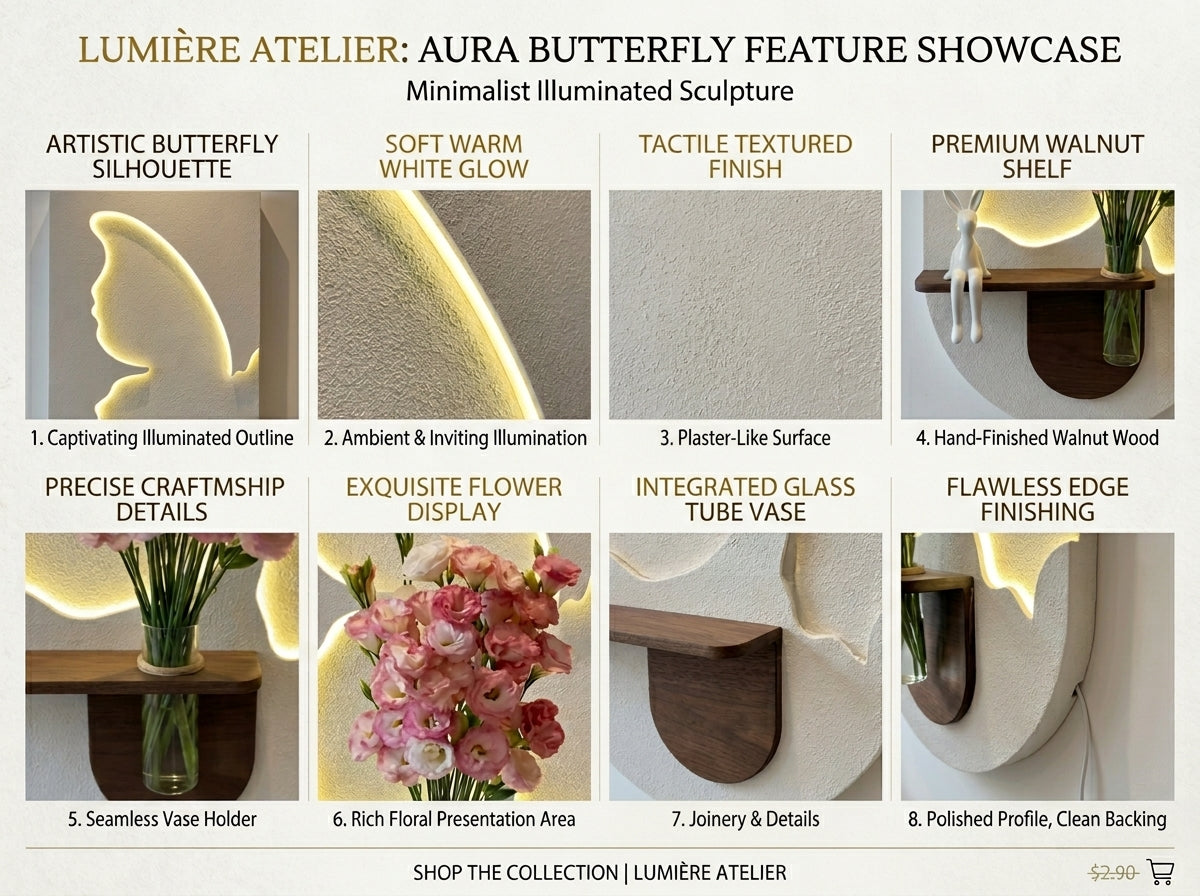Lumérie Atelier Aura Butterfly feature showcase with text and images of the product.