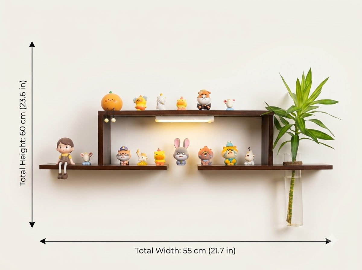 LED wall art layered shelf with 55 cm width and 32 cm height dimensions