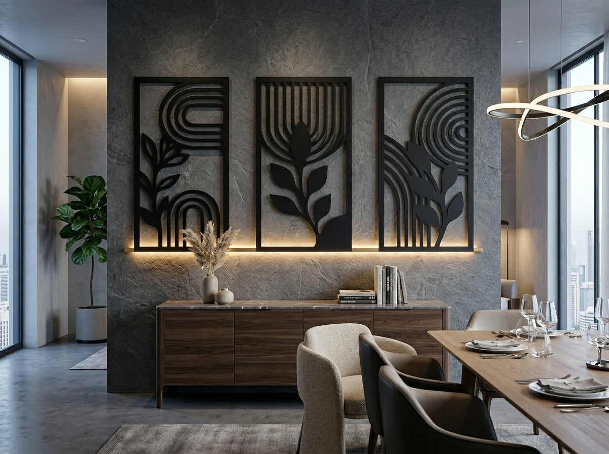 Wall art set of 3 black metal panels in home entryway with console table and vase decor