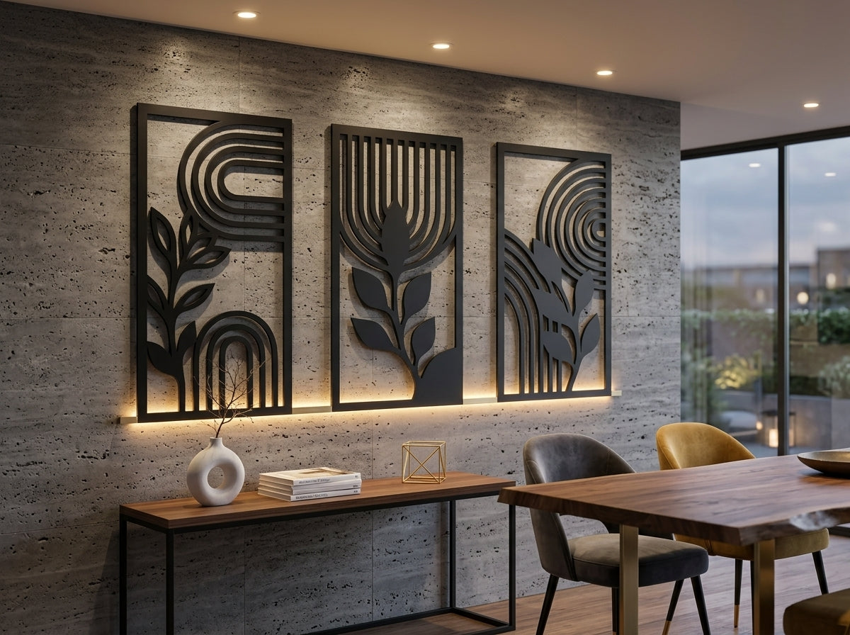 Botanical metal wall art set of 3 above wooden console – geometric triptych entryway decor India