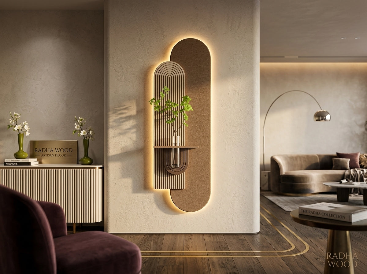 LED wall art arch flower vase lamp – real product photo, warm oval LED glow, Radha Wood India