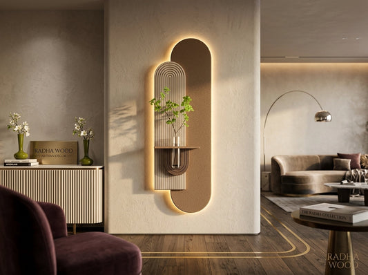 LED wall art arch flower vase lamp – real product photo, warm oval LED glow, Radha Wood India