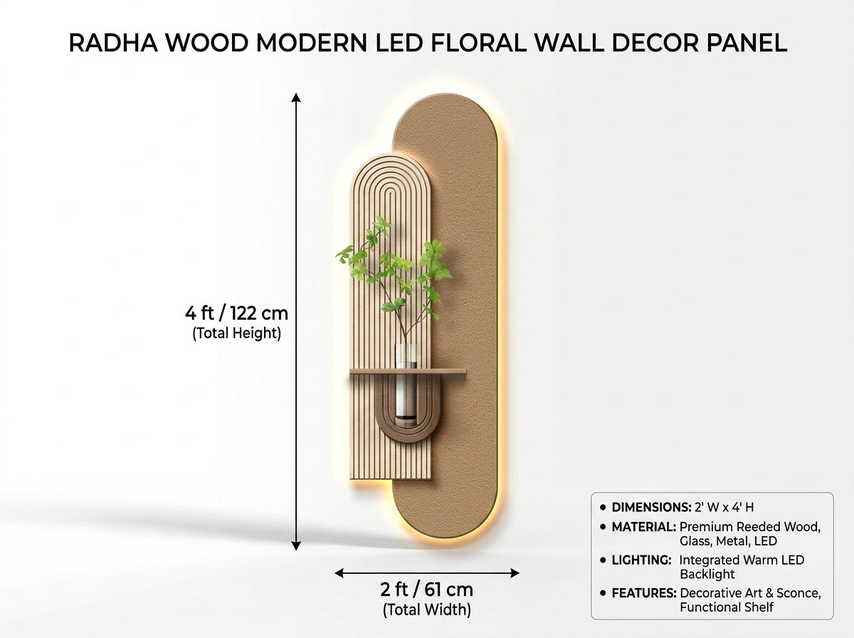 LED wall art arch flower vase lamp size guide – 91 cm height x 30 cm width, technical specifications