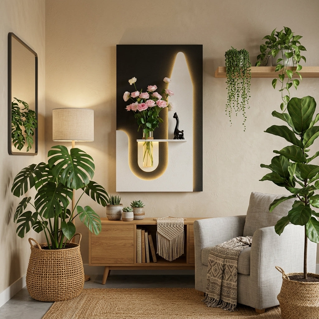 Designer LED Wooden Wall Panel with Shelf | Radha Wood