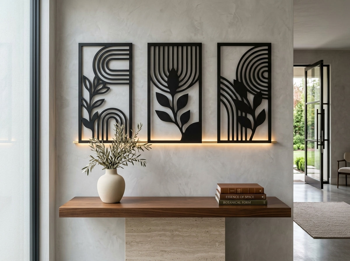 Geometric botanical wall art set of 3 on grey wall with ambient backlight – buy online India