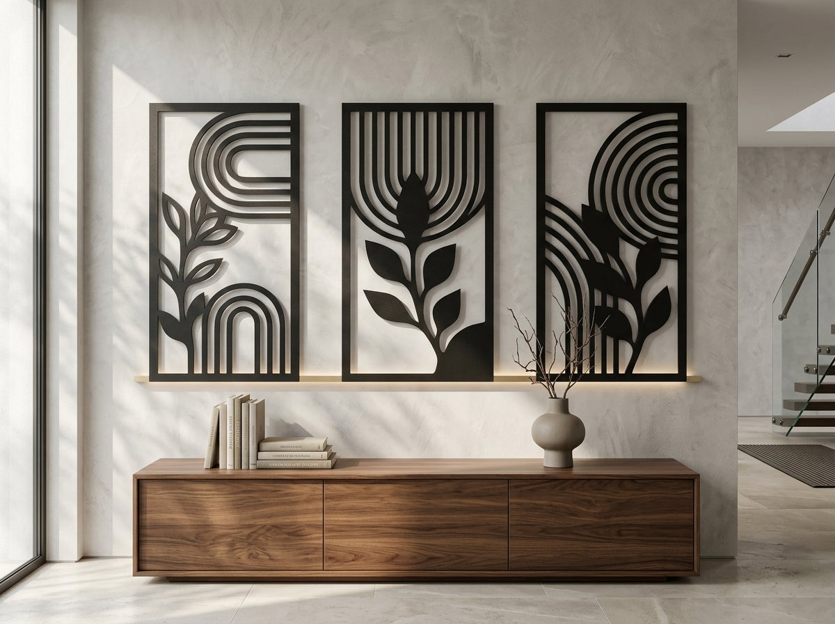 Wall art set of 3 dimension guide – each panel 30x70 cm, powder-coated metal, backlight-ready