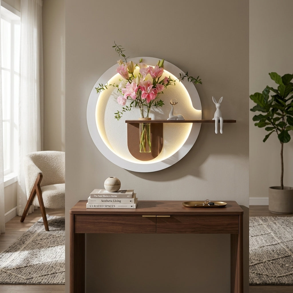 Modern LED wooden wall art with shelf and vase for living room decor