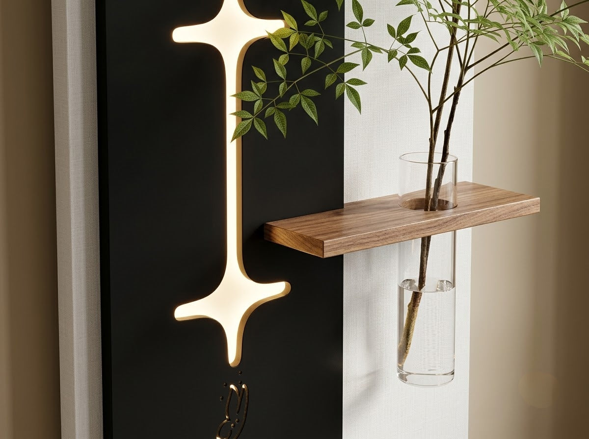 LED wall art Nandina minimalist black and off-white wall panel