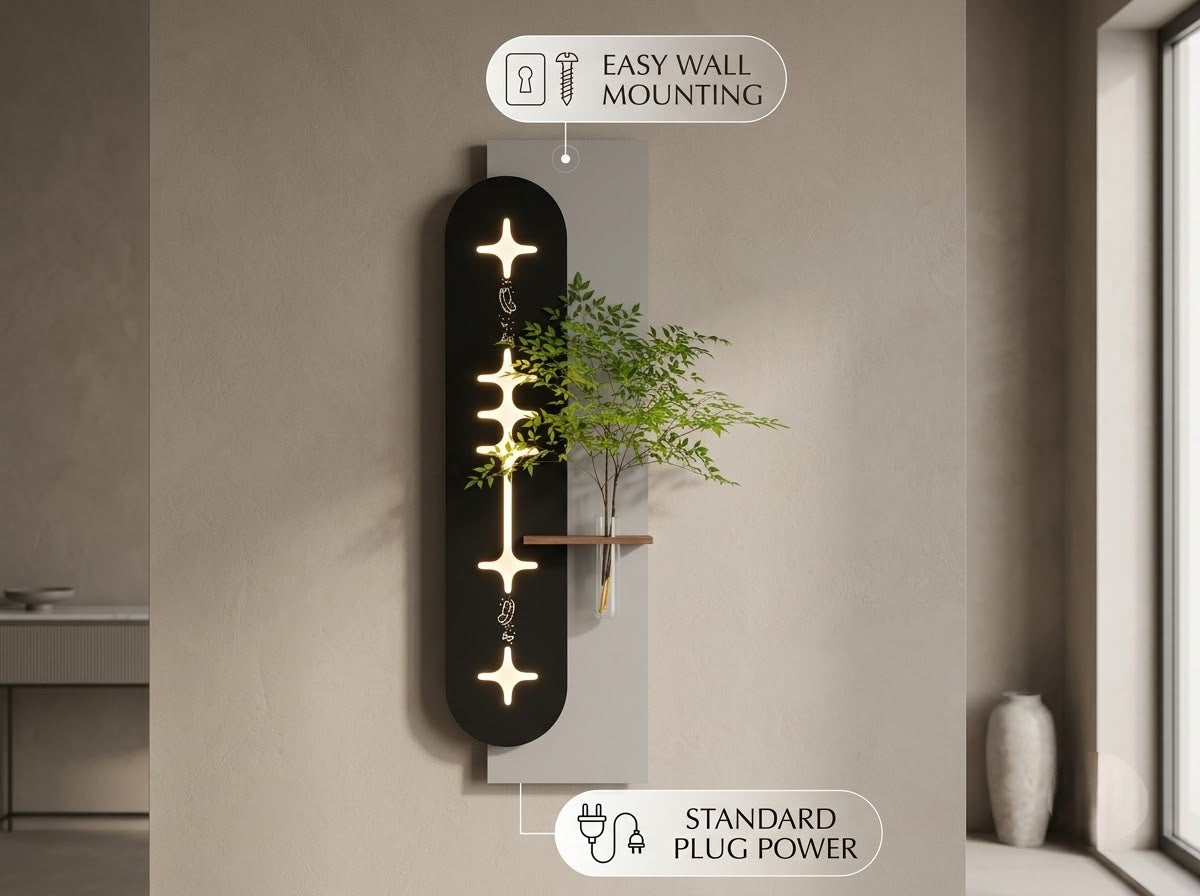 LED wall art Nandina with wooden shelf and clear glass vase