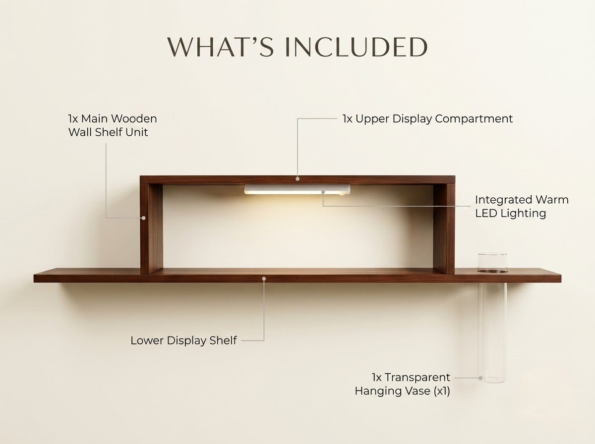 LED wall art wooden shelf showing included LED, glass vase and display components