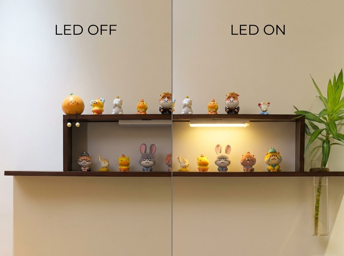 LED wall art wooden display shelf shown with LED off and warm light on