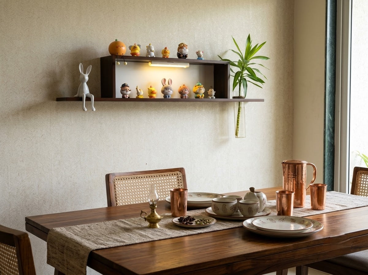 LED wall art wooden display shelf styled in a modern dining room