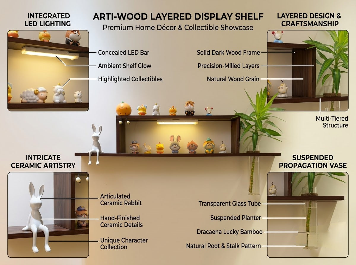 LED wall art wooden shelf with warm lighting styled in a living room