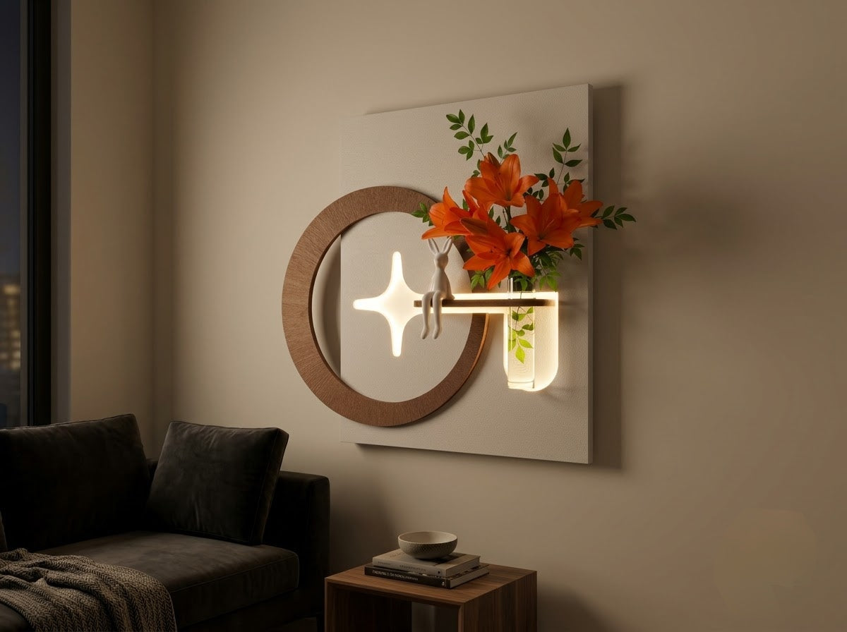LED wall art living room decor with glass vase, shelf and botanical styling