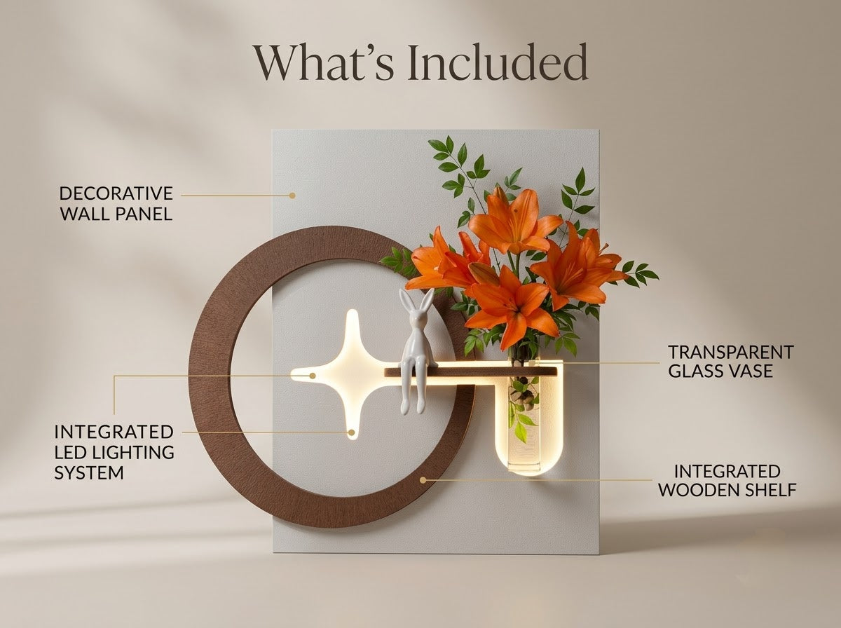 LED wall art dining room decor with botanical glass vase and warm ambient glow