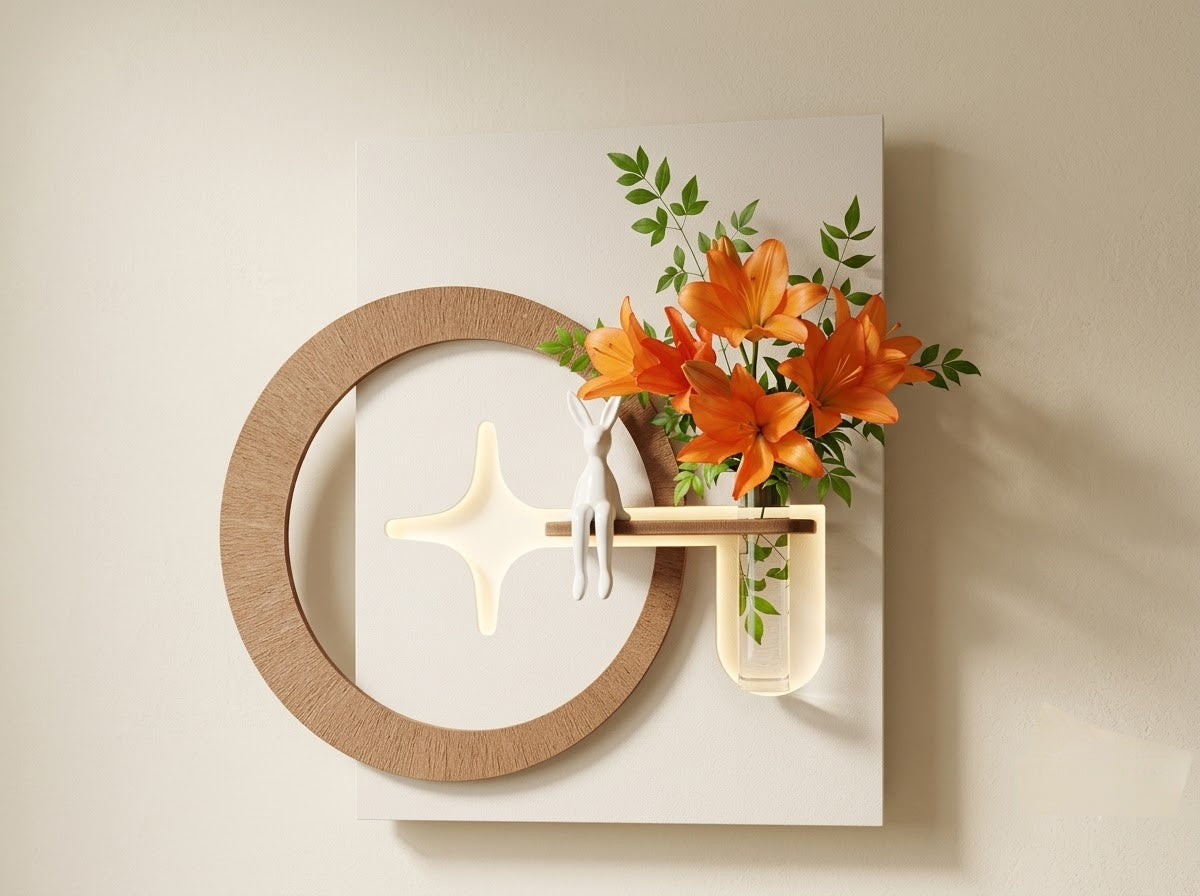 LED wall art botanical wall decor with circular wooden design and glass vase
