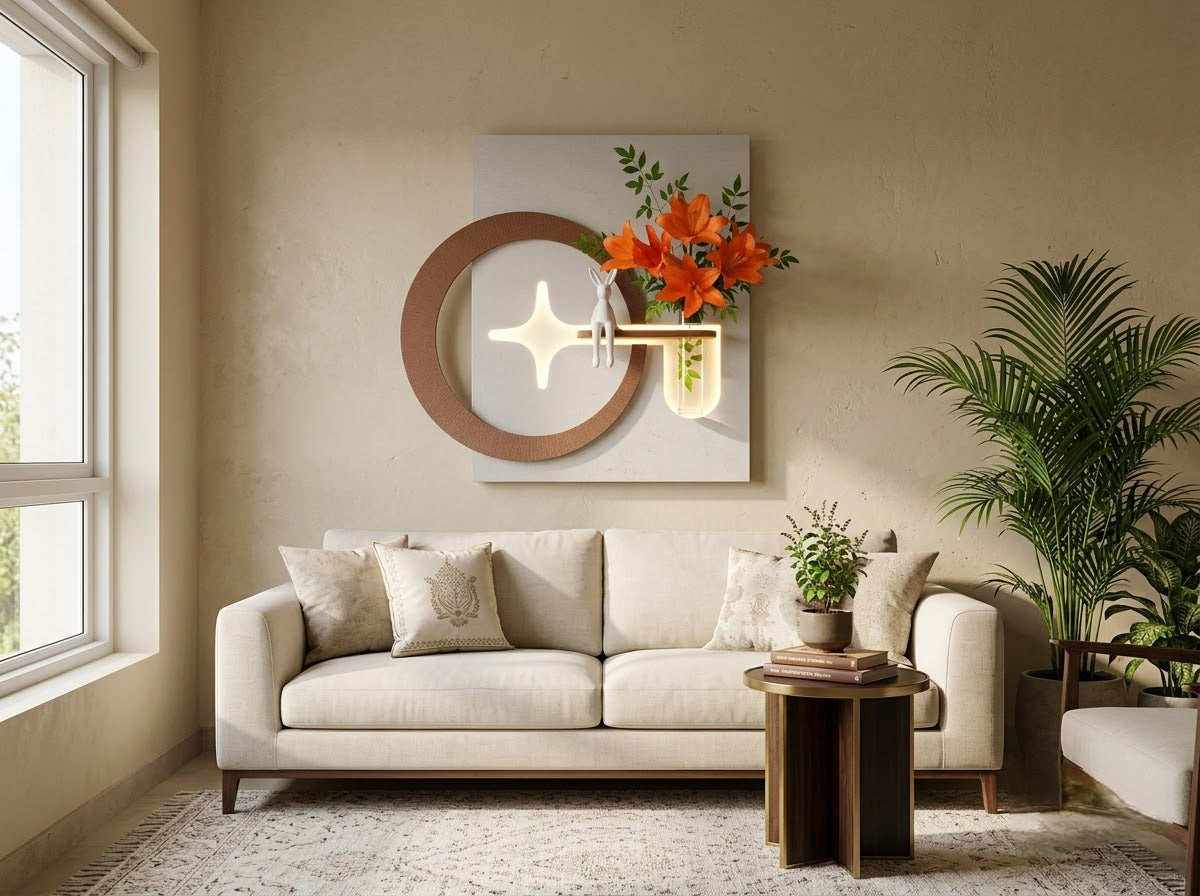 A modern wall-mounted light fixture in a styled living room. The fixture features a large circular wooden frame with a keyhole cutout, a vertical glass shade, and a glowing starburst bulb inside.