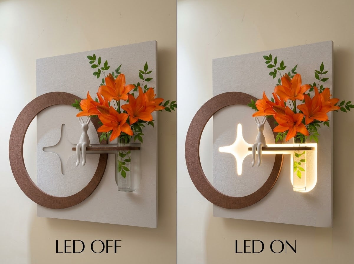 A wall-mounted decorative light fixture shown in a side-by-side comparison labeled LED OFF and LED ON. The fixture has a white rectangular backplate, a brown circular ring, a small white bird figure, a clear glass vase with bright orange lilies and green leaves, and a geometric light bar that glows when turned on.