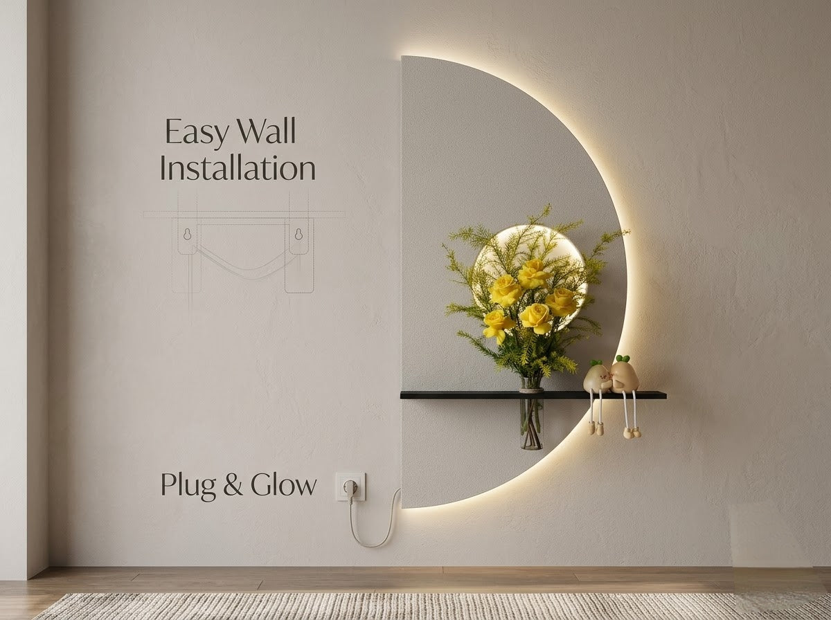 LED wall art crescent with textured finish, warm LED and wooden shelf