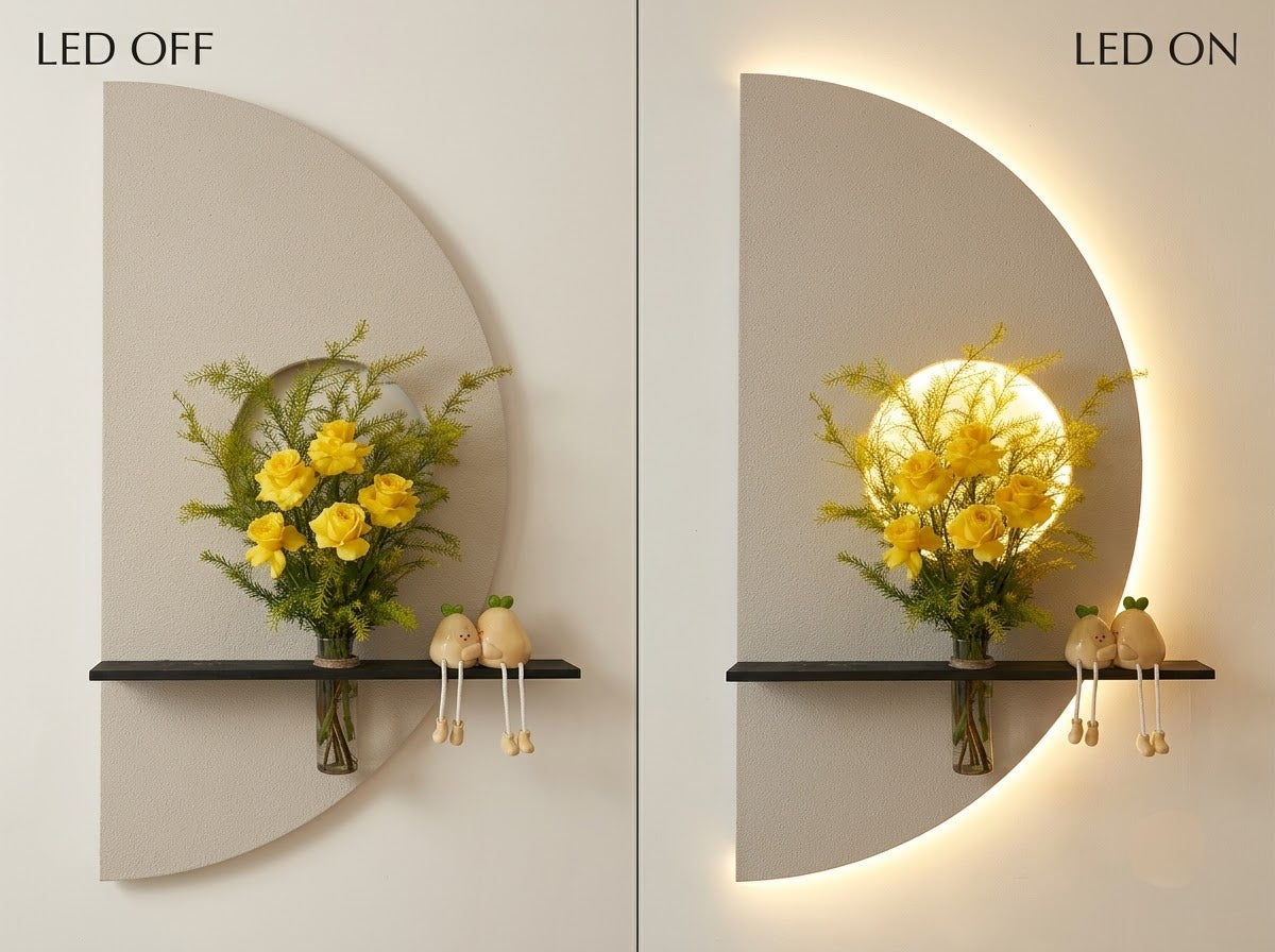 LED Wall Art Crescent Wall Panel with Wooden Shelf & Glass Vase – 4x2 ft
