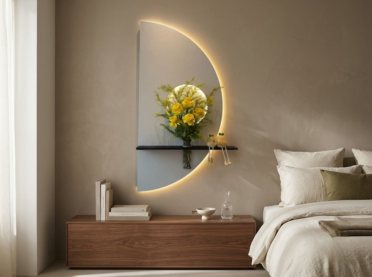 LED wall art crescent styled with glass vase on an entryway wall