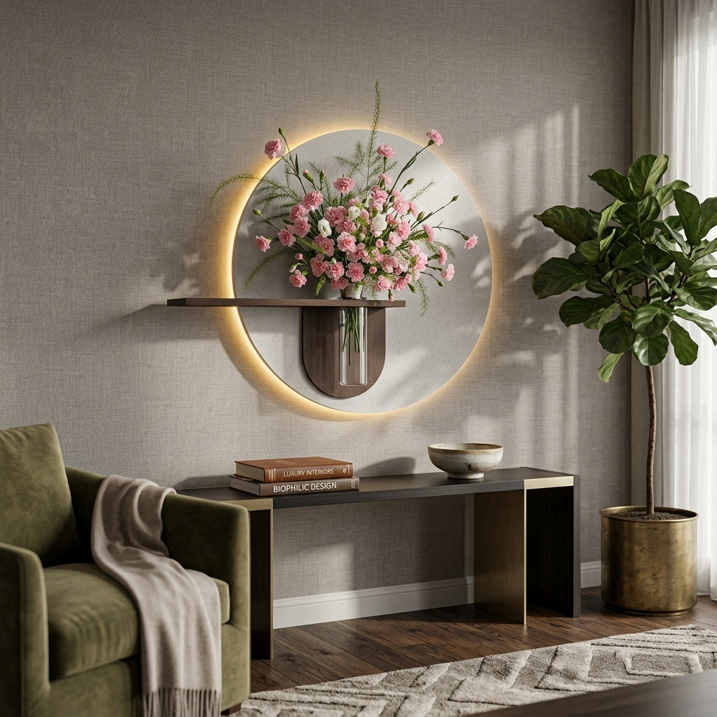 Circular wooden LED wall decor with shelf for living room