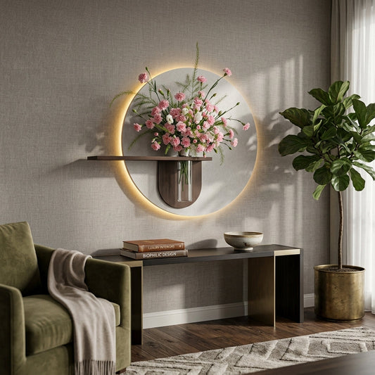 Circular wooden LED wall decor with shelf for living room
