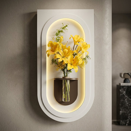 LED arch wall lamp with yellow flower vase in home entryway above console – handcrafted decor India