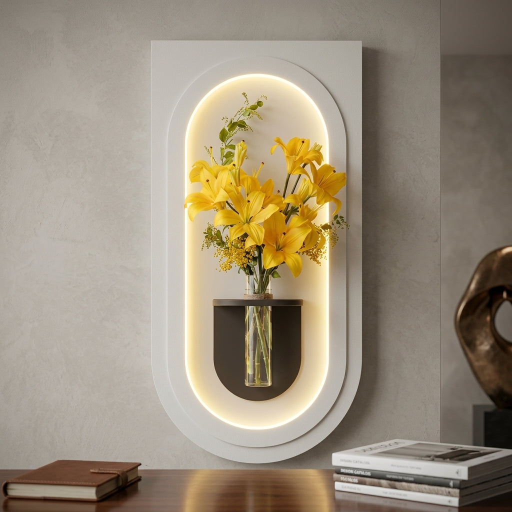 LED wall art arch lamp above wooden console in modern living room – warm glow ambient decor India