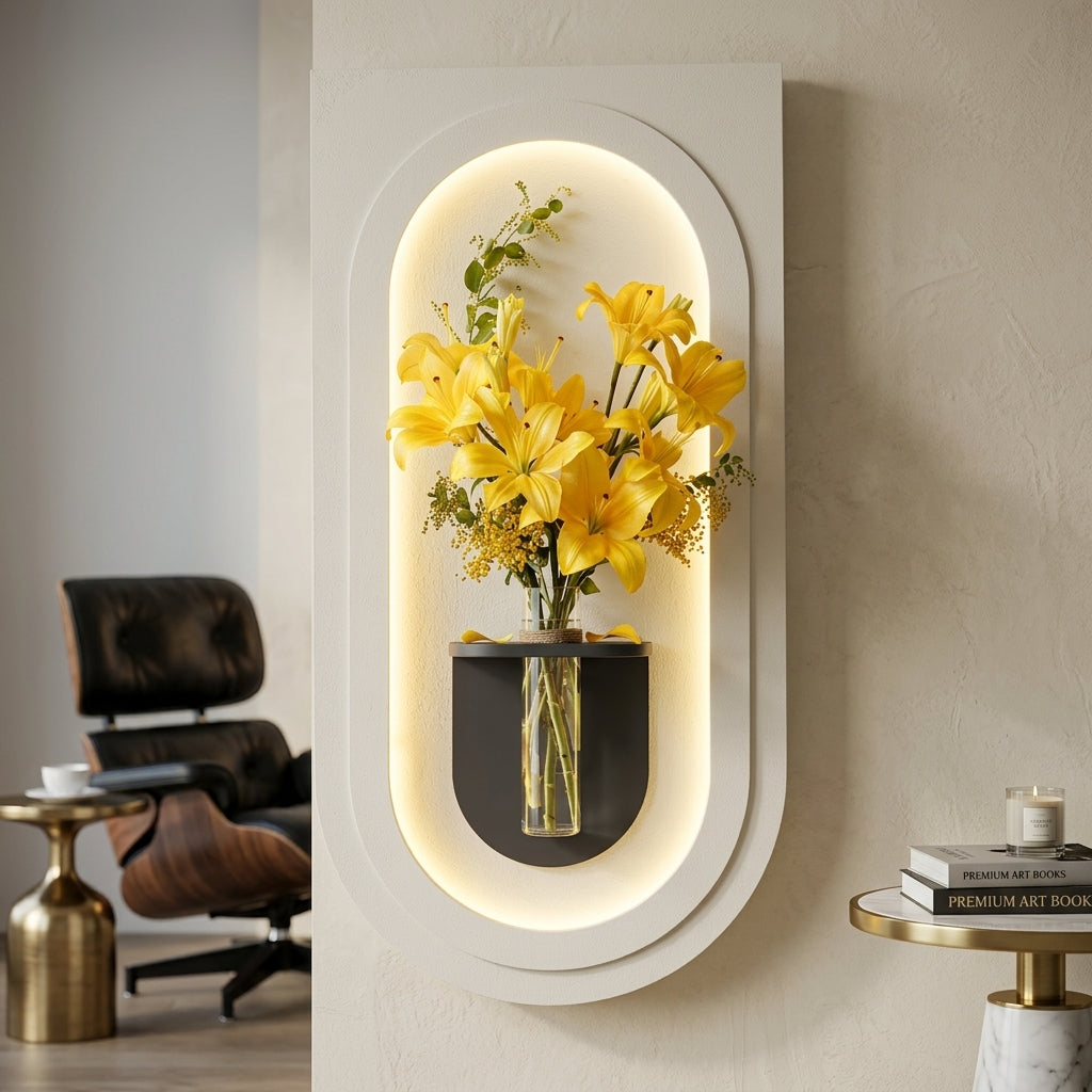 LED wall art oval arch lamp side angle showing layered MDF panel depth and walnut U-shelf