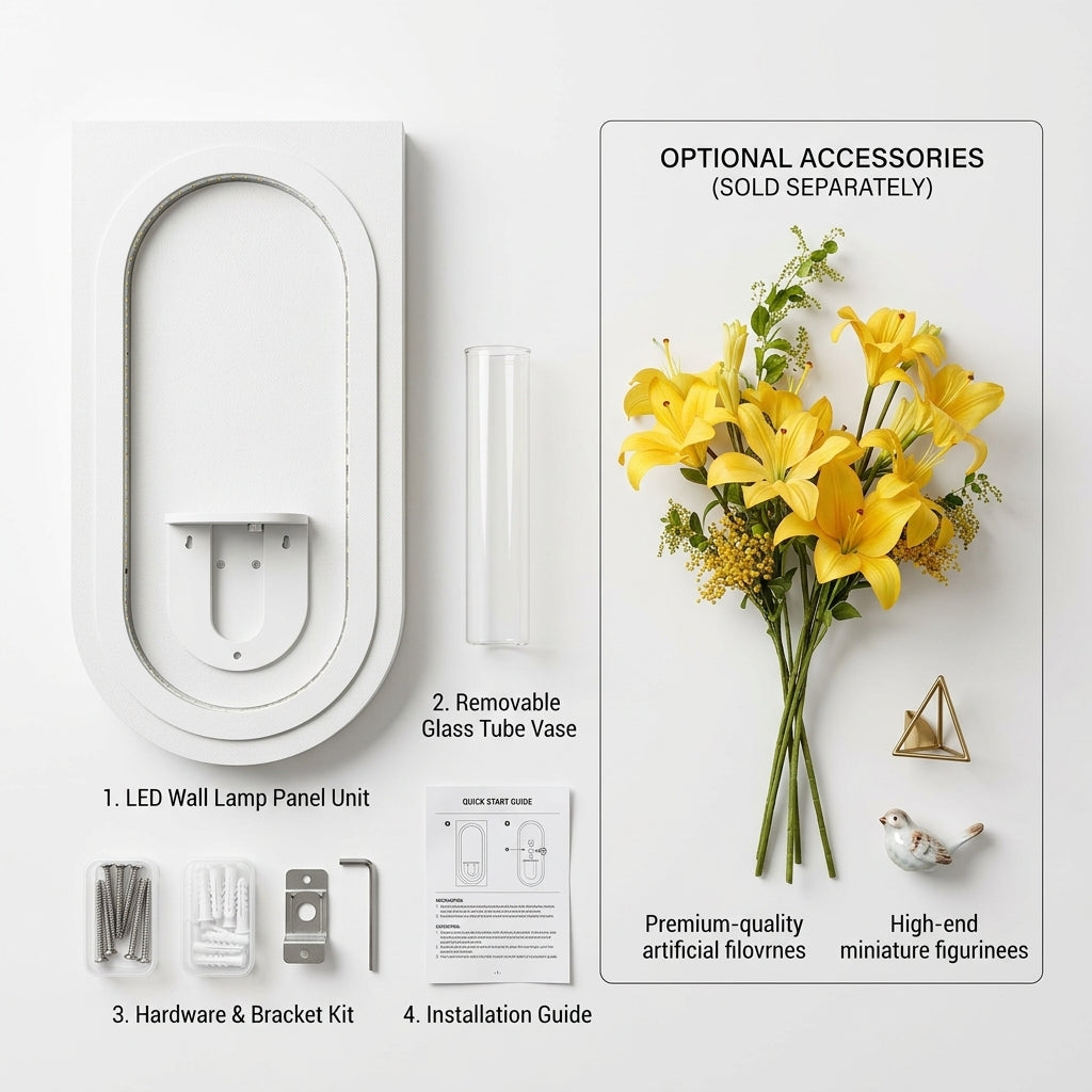 LED wall art arch lamp complete box contents – panel, glass vase, walnut shelf, hardware kit, power adapter
