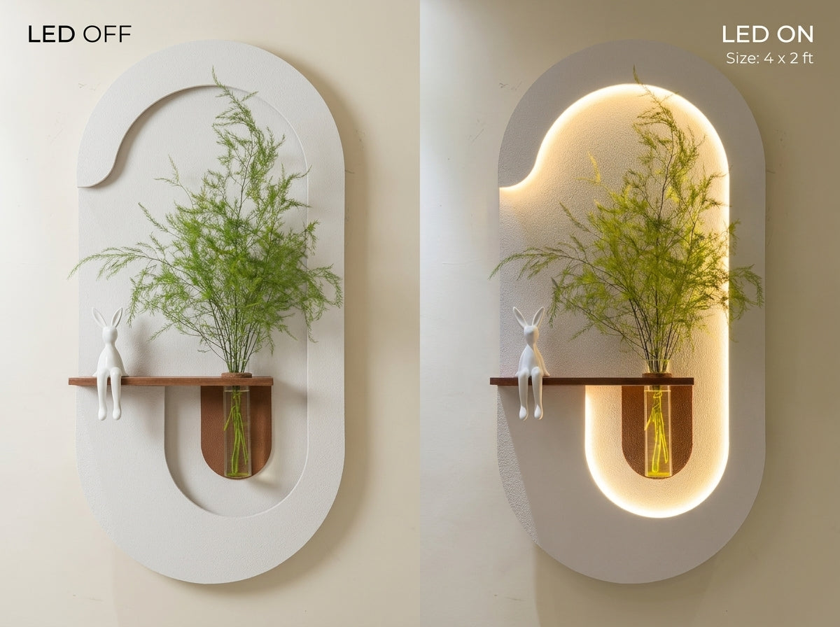 A wall-mounted decorative shelving unit shown in two states: LED OFF on the left with a white outer shell and no internal light, and LED ON on the right with the same shell illuminated from within in warm white. The unit has an organic curved shape, a wooden shelf, a glass vase with green branches, and a small white rabbit figurine.