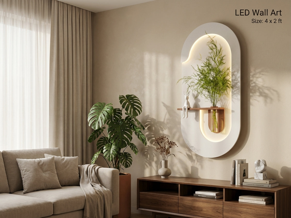 An oval LED wall art piece mounted on a beige wall in a modern living room setting. The wall art features a white outer frame with a warm white illuminated interior and a small shelf holding a green plant in a metallic pot.