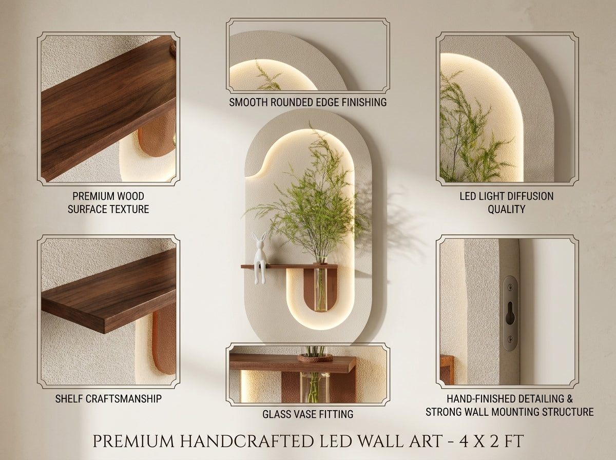 A product feature collage for a premium handcrafted LED wall art piece. The central image shows the illuminated arch-shaped wall lamp with a built-in shelf holding a glass vase with green branches.